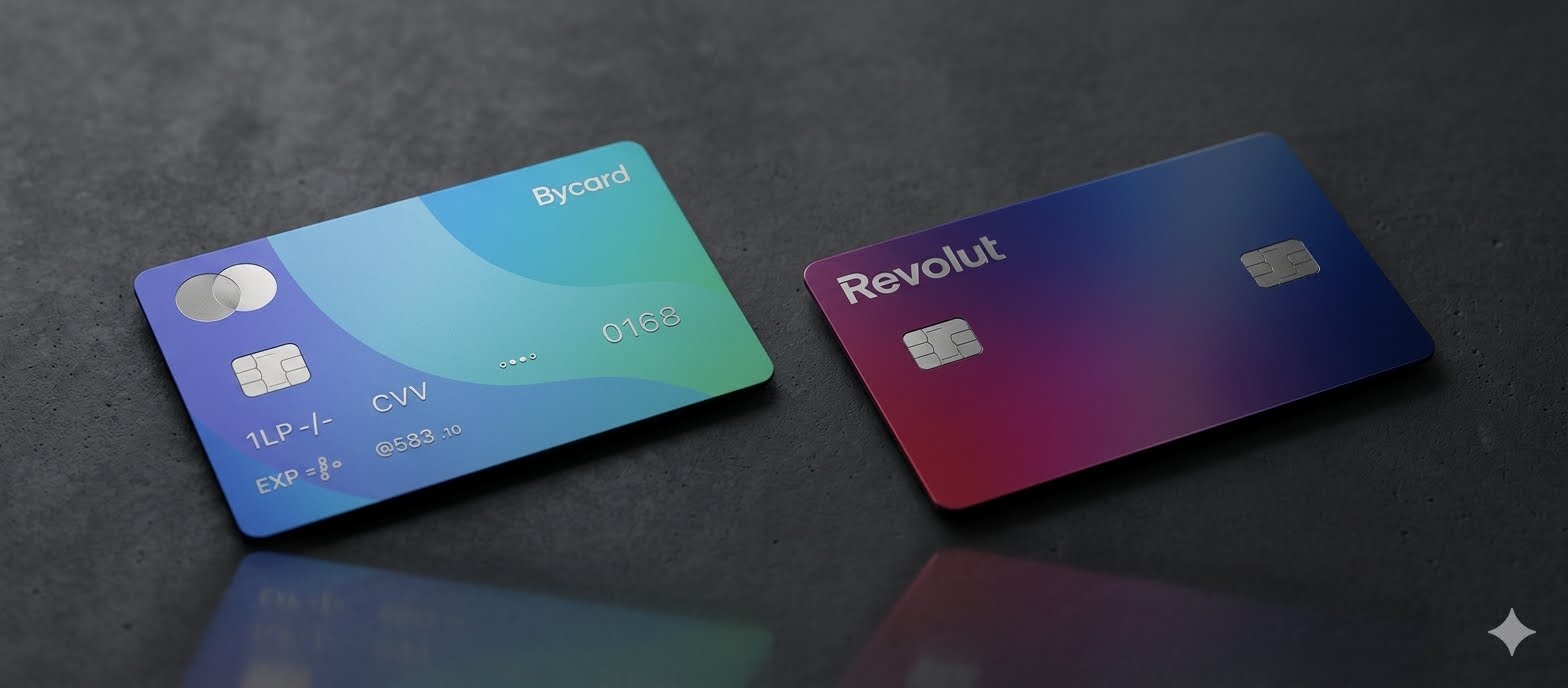 Two gradient debit cards on a dark surface: left 'Bycard', blue–green; right 'Revolut', purple–pink, both with chips visible.