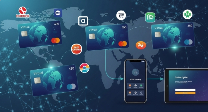 Illustration of virtual cards being used across global merchants and platforms Illustration of virtual cards being used across global merchants and platforms