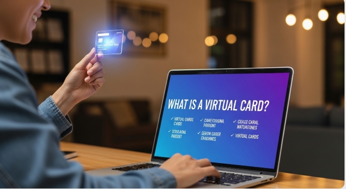 User smiling while viewing ‘What is a virtual card’ on laptop screen User smiling while viewing ‘What is a virtual card’ on laptop screen