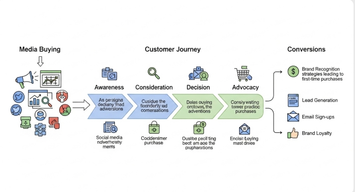 Diagram showing how what is media buying connects to customer journey Diagram showing how what is media buying connects to customer journey