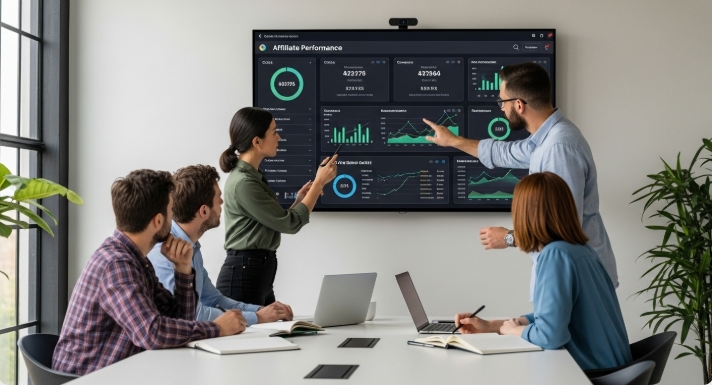 Affiliate marketing agency team reviewing campaign analytics Affiliate marketing agency team reviewing campaign analytics