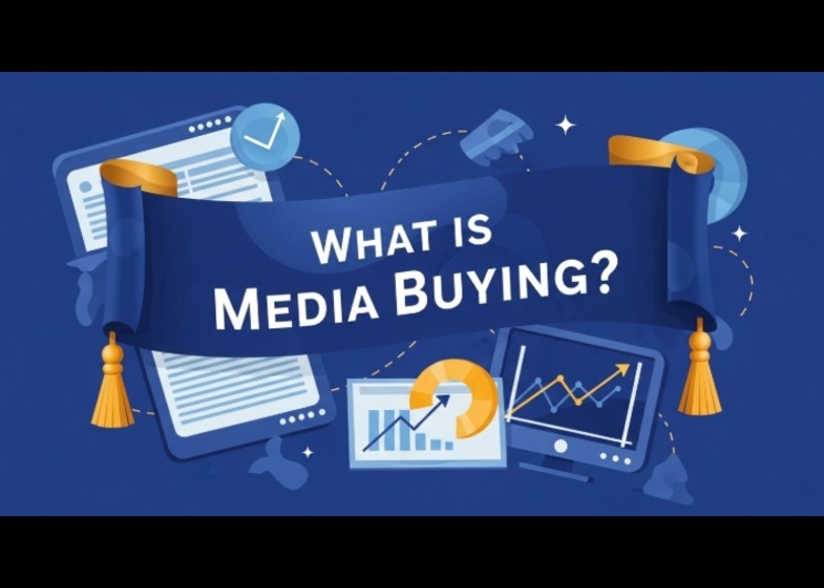 an illustration that has a banner of what is media buying