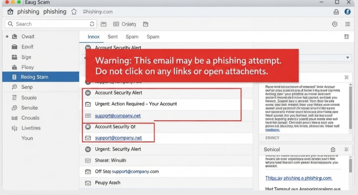 Email inbox showing a phishing scam alert. Email inbox showing a phishing scam alert.