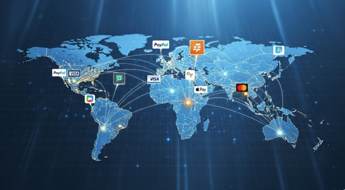 World map with digital payment icons showing cross-border transactions World map with digital payment icons showing cross-border transactions