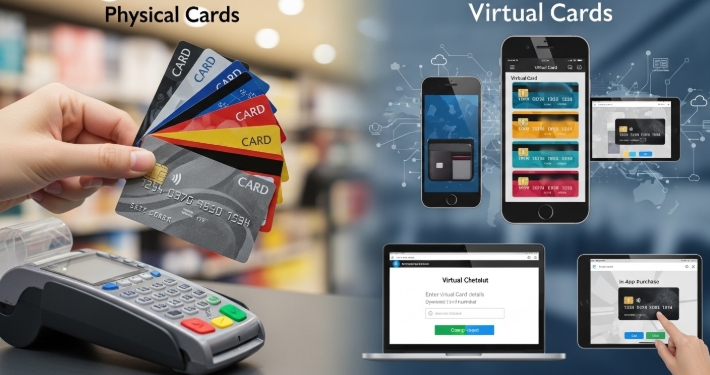 Illustration comparing physical credit cards to virtual cards.  Illustration comparing physical credit cards to virtual cards.