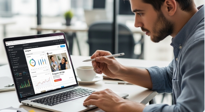Marketer analyzing Instagram ads cost and campaign performance on laptop  Marketer analyzing Instagram ads cost and campaign performance on laptop