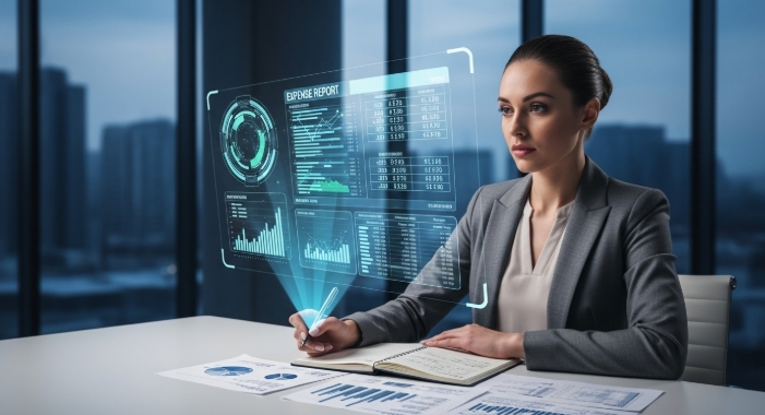 Businesswoman analyzing expense reports Businesswoman analyzing expense reports