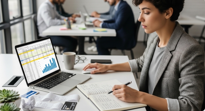 Startup founder managing cash flow and reviewing business expenses. Startup founder managing cash flow and reviewing business expenses.