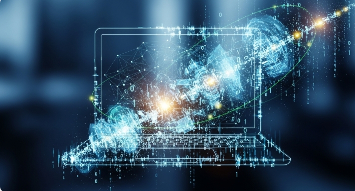Abstract data fragments symbolizing synthetic identity fraud.