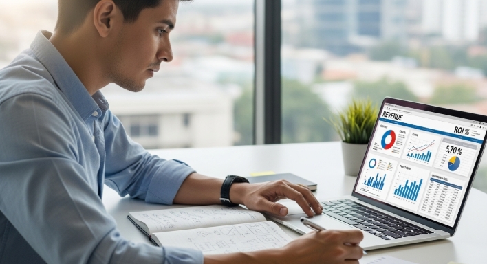 Person reviewing what is an ROI performance dashboard