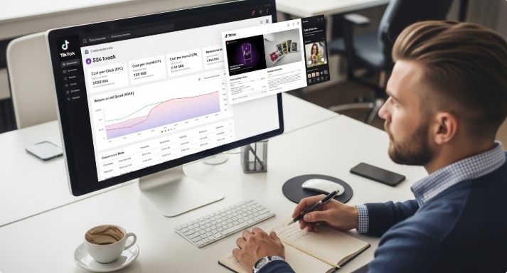 Digital marketer reviewing TikTok ads cost and performance metrics on screen