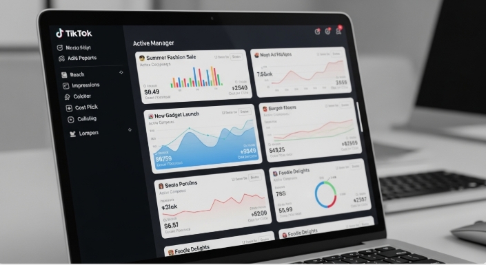 TikTok Ads Manager dashboard with active campaign