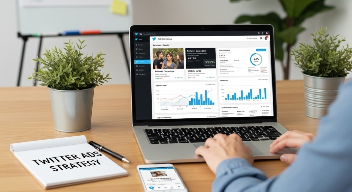 Marketer analyzing Twitter Ads performance for targeted advertising campaign