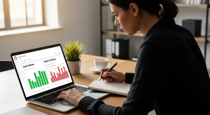 Business owner reviewing cash management dashboard and analyzing cash flow