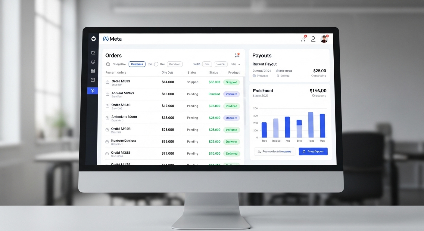 Dashboard of a Meta business account showing payouts. Dashboard of a Meta business account showing payouts.