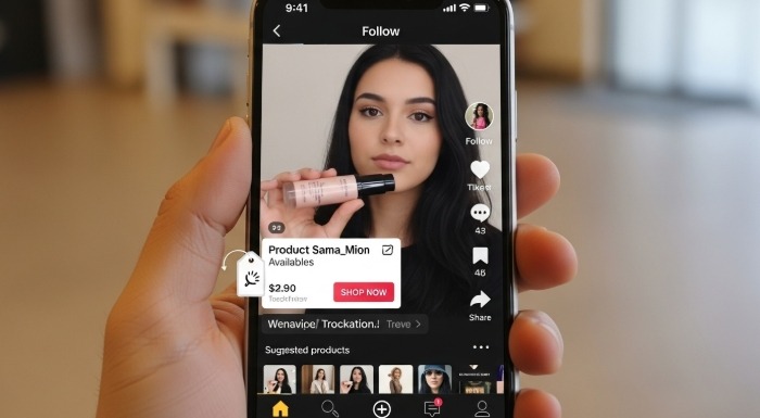 image - Bycard TikTok app interface showing a product tag in a video.