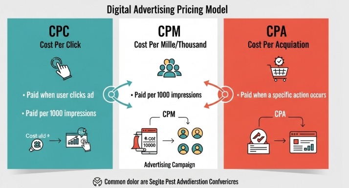 image - Bycard Infographic comparing CPC, CPM, and CPA pricing models