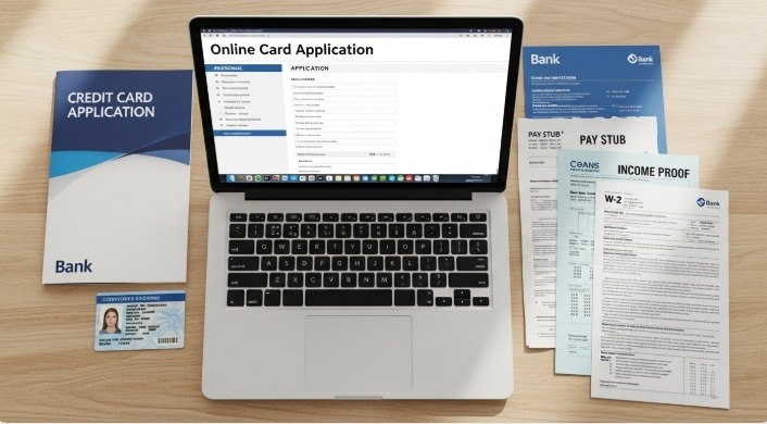 image - Bycard documents and a laptop showing how to get a credit card