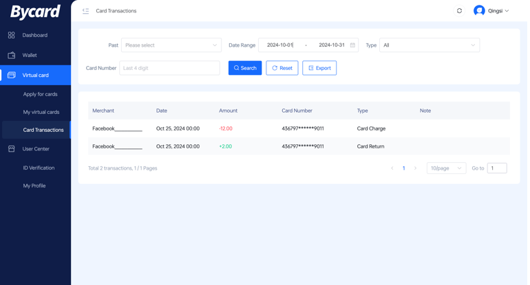 image - Bycard Bycard dashboard showing real-time transactions