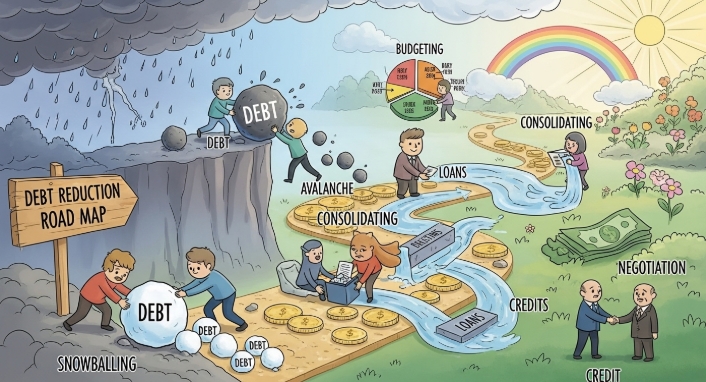 Illustration of debt reduction techniques on how to manage money