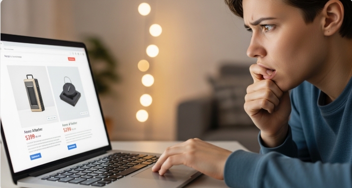 Consumer looking concerned spotting potential bait and switch scam while shopping online.