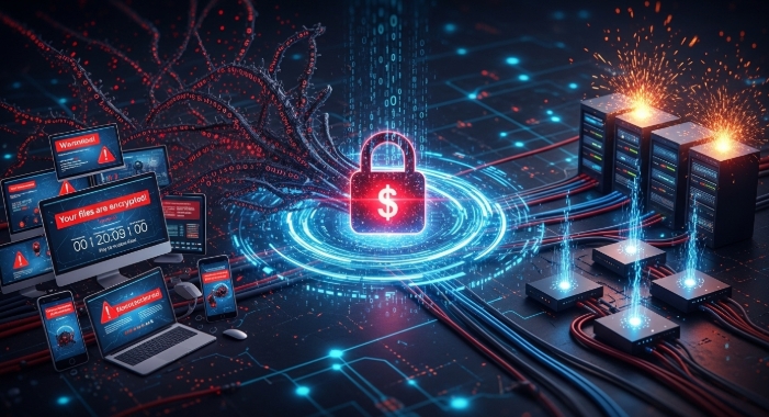 Illustration of malware spreading through network during ransomware attacks
