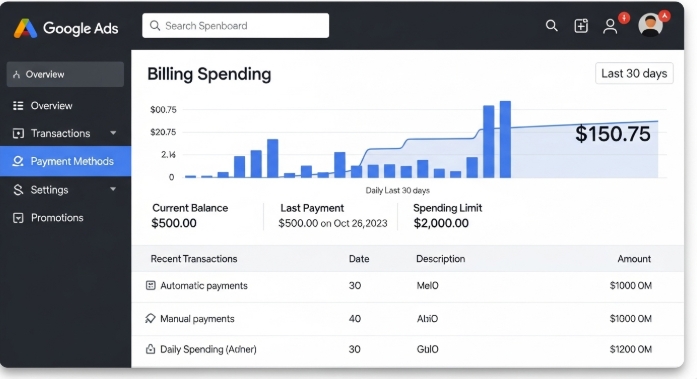 Screenshot of Google Ads billing dashboard showing transactions