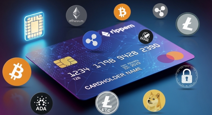 Illustration of virtual card with crypto icons