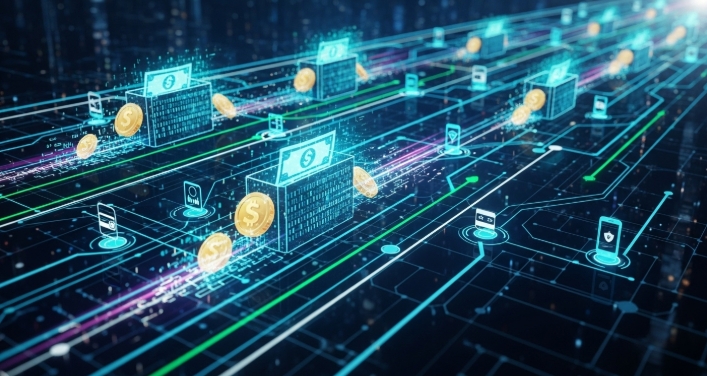 Illustration of money flowing through digital payment rails Illustration of money flowing through digital payment rails