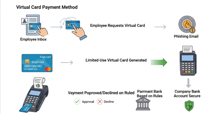 Visual flow of how virtual cards prevent spoof email losses Visual flow of how virtual cards prevent spoof email losses