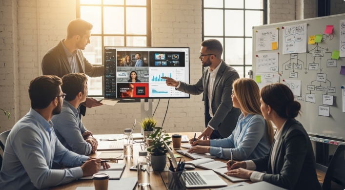 Media buyer agency team collaborating on new ad campaigns Media buyer agency team collaborating on new ad campaigns