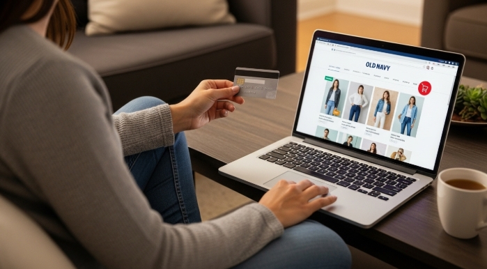 Woman using Old navy credit card for online Old Navy purchase