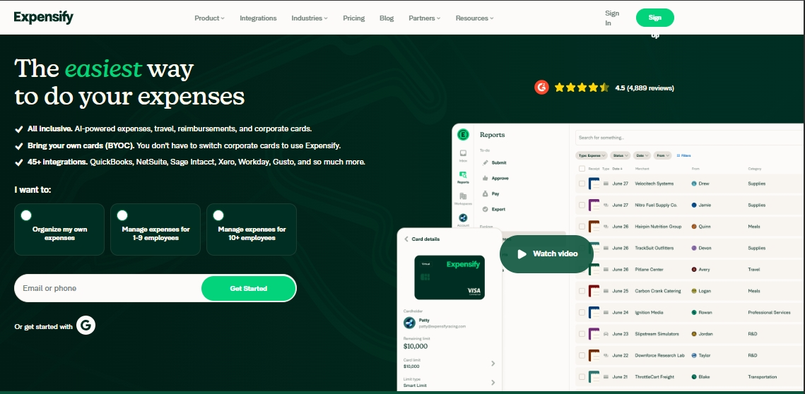 Expensify dashboard showing expense tracking