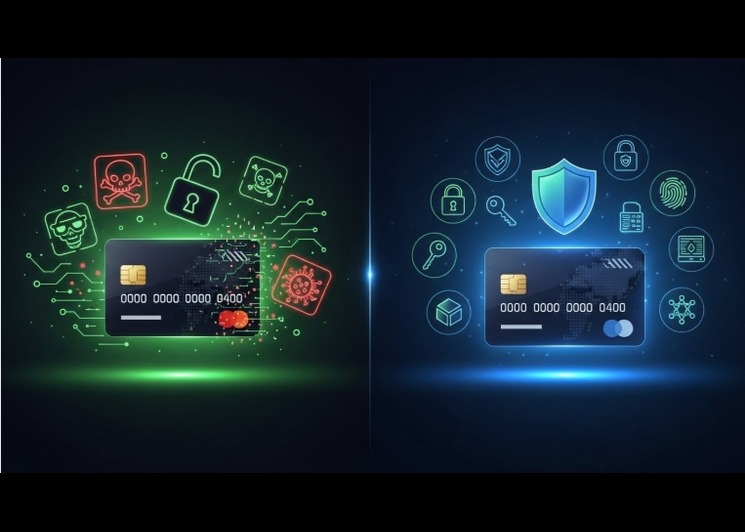 illustration of card data exposed to hackers and another protected