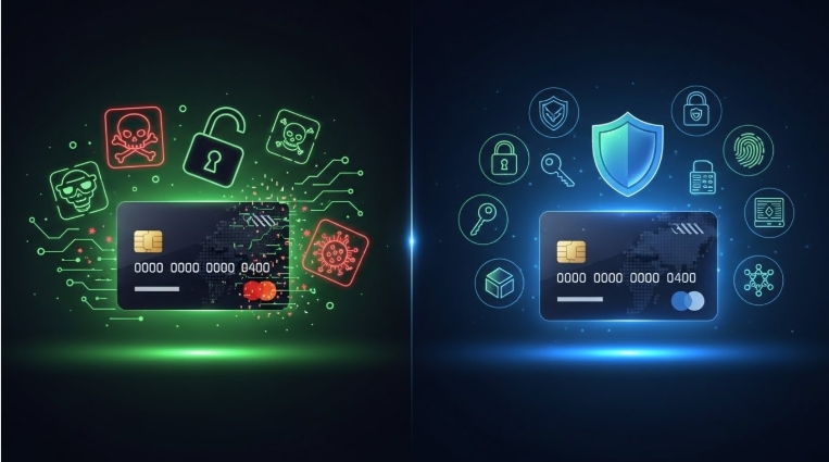 illustration of card data  exposed to hackers and another protected 