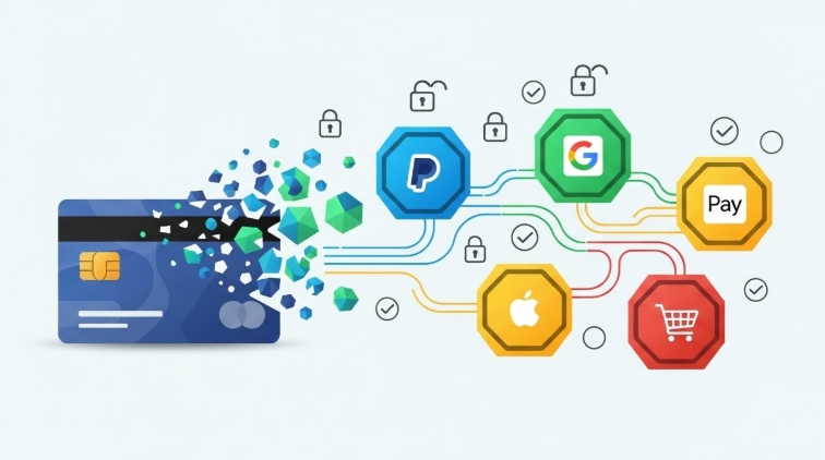 illustration payment tokenization of credit card connected to multiple payment platforms