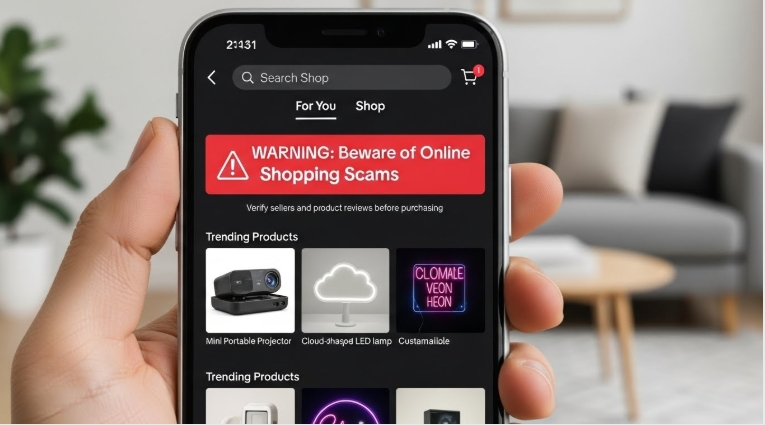 TikTok Shop displaying products with a warning about online shopping scams