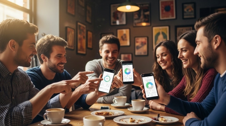 People using an app to split payments at a restaurant People using an app to split payments at a restaurant