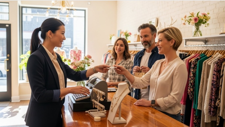 Business owner dividing payments among customers Business owner dividing payments among customers