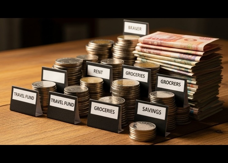 Stack of coins and bills with labeled categories: What is Zero based Budgeting