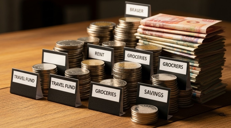 Stack of coins and bills with labeled categories: What is Zero based Budgeting