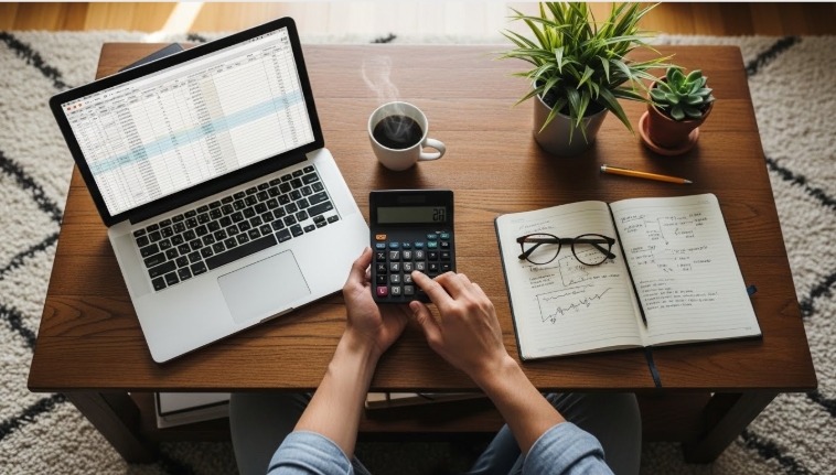 Close-up of hands holding a calculator planning finances 