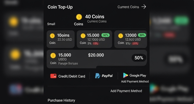 TikTok coin top-up menu options in the app