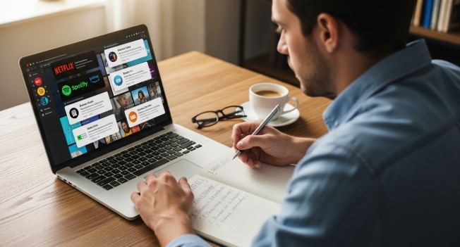 Person reviewing multiple subscription on laptop: Credit Card strategy Person reviewing multiple subscription on laptop: Credit Card strategy