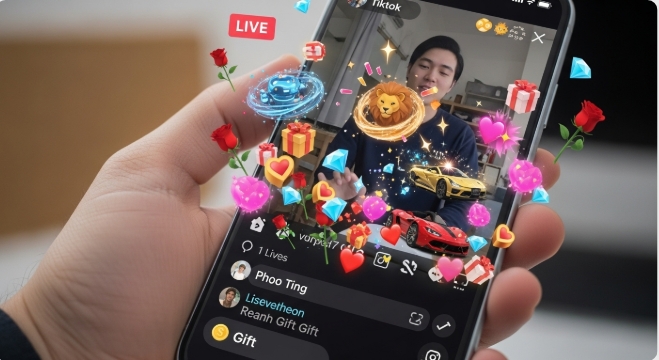 Viewer sending TikTok gifts during a live stream Viewer sending TikTok gifts during a live stream