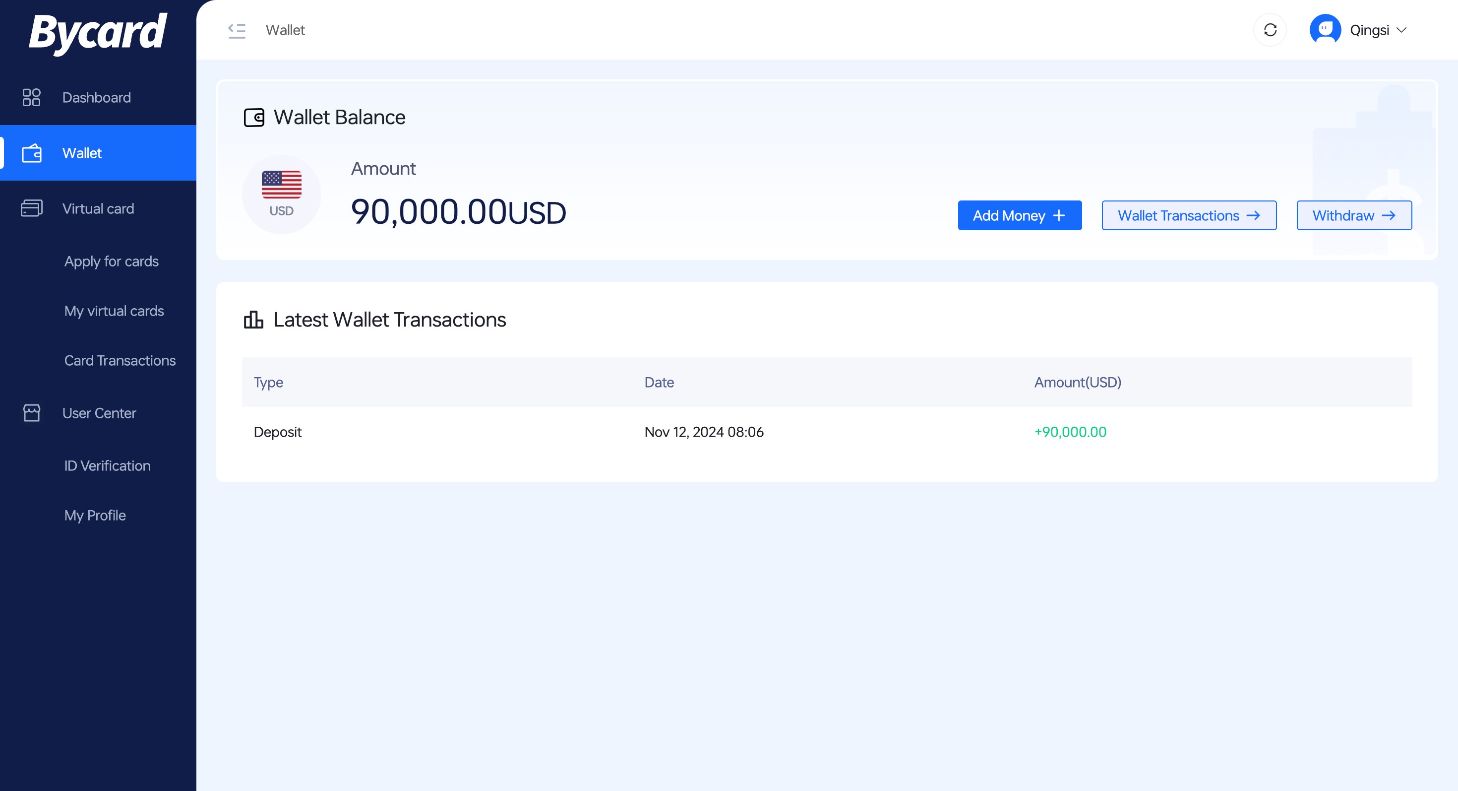 screenshot of bycard wallet used monitoring transactions screenshot of bycard wallet used monitoring transactions