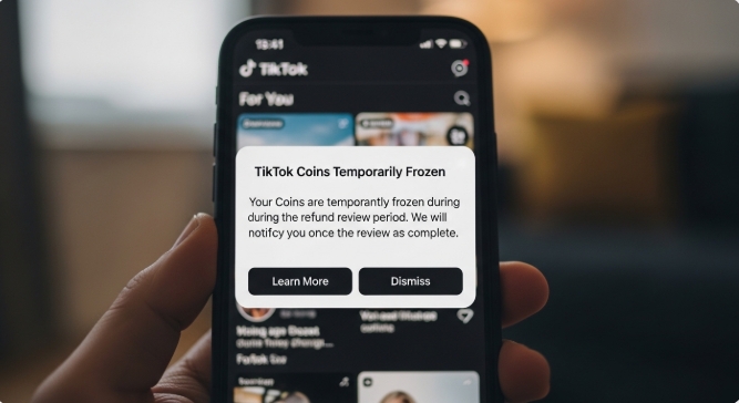 Coins temporarily frozen during TikTok refund review period
