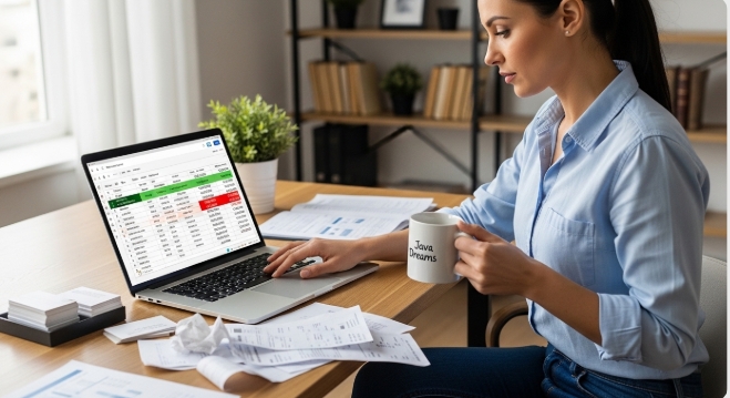 Business owner reviewing expenses on laptop.