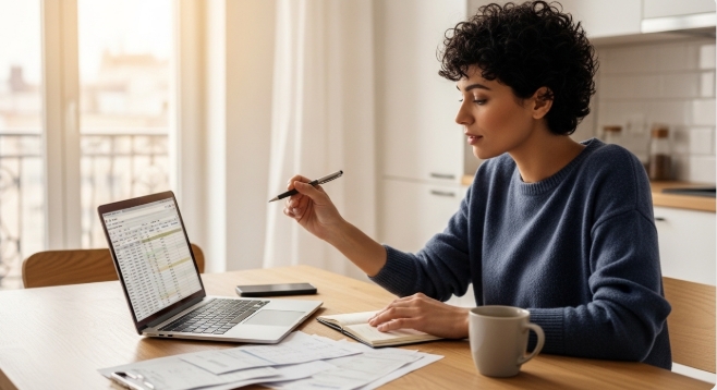 Confident renter reviewing finances at home Confident renter reviewing finances at home