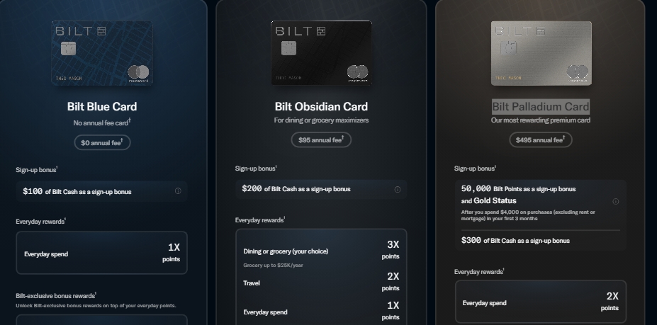 screenshot of different types of Bilt card screenshot of different types of Bilt card